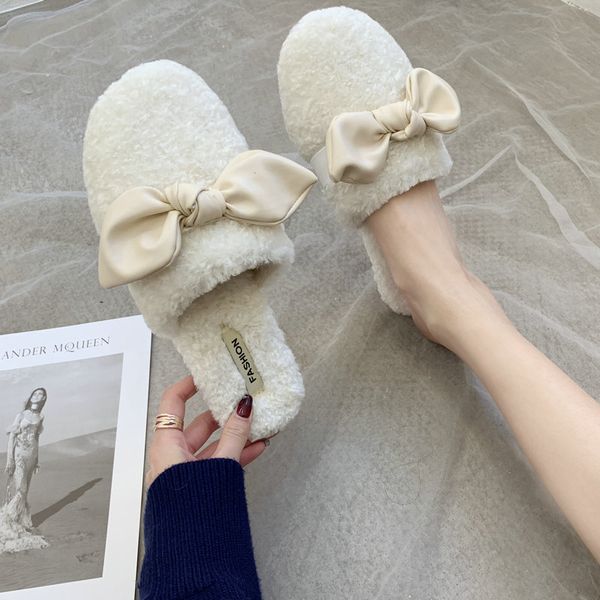 

winter fashion bow women home slippers faux fur warm shoes woman slip on flats bowtie female slides plus size wholesale, Black