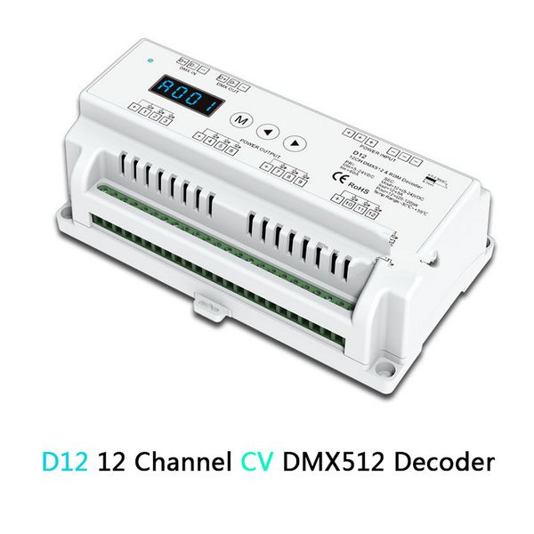 Freeshipping D12 CV Led Decoder DMX512 Ingresso DC5-24V Uscita 5A * 12CH Striscia RGB su guida DIN Tensione costante 12 CH Controller decoder DMX