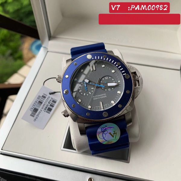 

super watches 011 v7 pam982 montre de luxe 47mm 316l metal case rotary blue ceramic watch ring rubber band smart watch, Slivery;brown