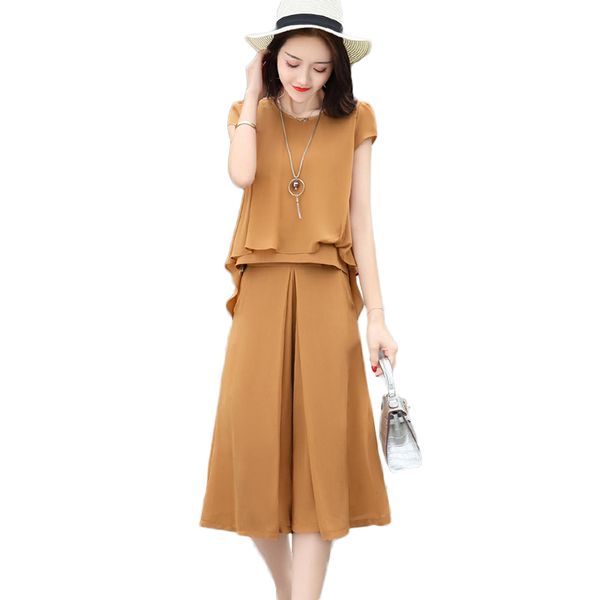 

2019 лето плюс размер свободного покроя топ 2 шт комплект женщин широкие брюки ноги + элегантные комплекты брюки женский костюм из двух част, White