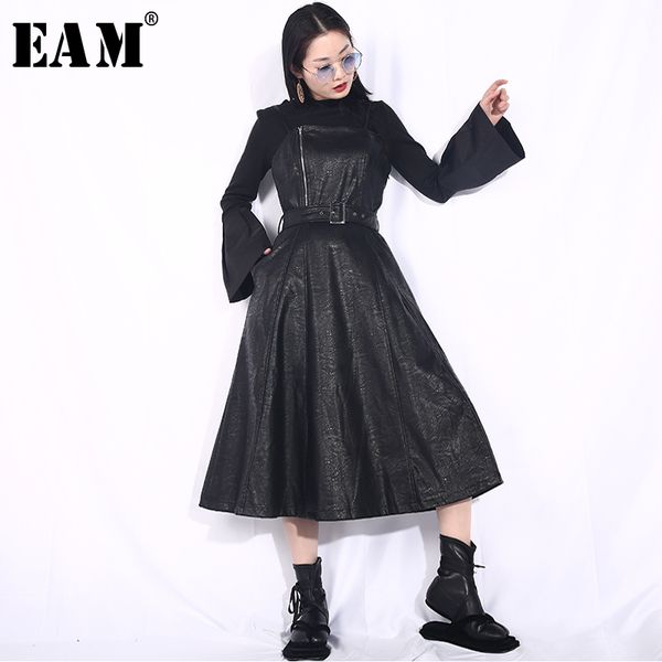 

eam] 2020 new spring summer strapless spaghetti strap black pu leather waist belt loose big hemline dress women fashion jd03, Black;gray
