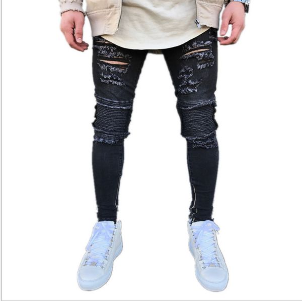 

men's high street men jeans are slim-fitting small ripped legs trend pleated motorcycle trousers cotton denim pants, Blue