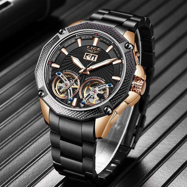 

2020 automatic watch men lige new black classic mens mechanical wristwatches double waterproof clock, Slivery;brown