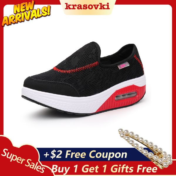 

krasovki fitness shoes women spring summer raised slope dropshipping air cushion shallow slip fashion breathable casual shoes, Black