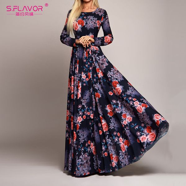 

s.flavor 2019 elegant women robe long sleeve printed dress fashion spring summer boho dress slim long party vestidos, Black;gray