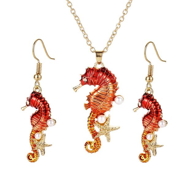 

creative women girls cute hippocampus earrings pendant necklace jewelry set gift for friends, Silver