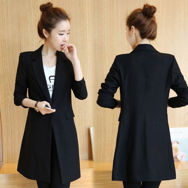 

casual korean spring autumn coat ladies black long blazer mujer elegante windbreaker slim fit suit jacket femme workwear f1302, White;black