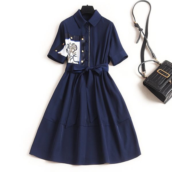 

2020 summer 1/2 sleeve lapel neck blue contrast color belted panelled knee-length dress elegant casual shirt dresses oj2314233, Black;gray