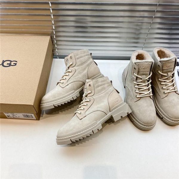 

australian snow boots plus velvet wool motorcycle womenss and menss short boots leather casual lace-up womenss martin boots 02, Black