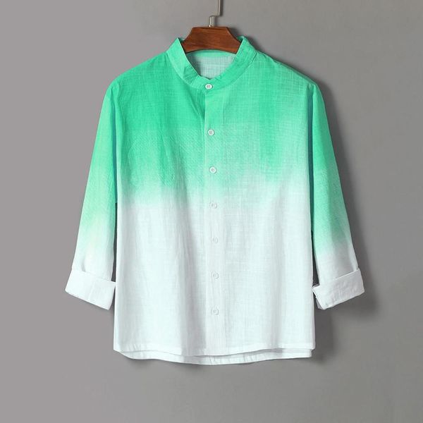 

men's shirts summer fashion lapel collar hanging dyed gradient cool thin breathable cotton linen blouses loose top, White;black