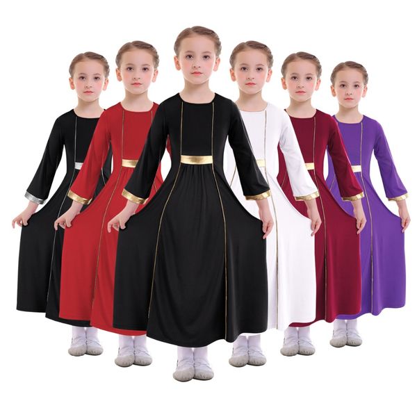 

ballet dress praise liturgical dance dress for girls child pleated swing long praise metallic splice ankle length, Black;red