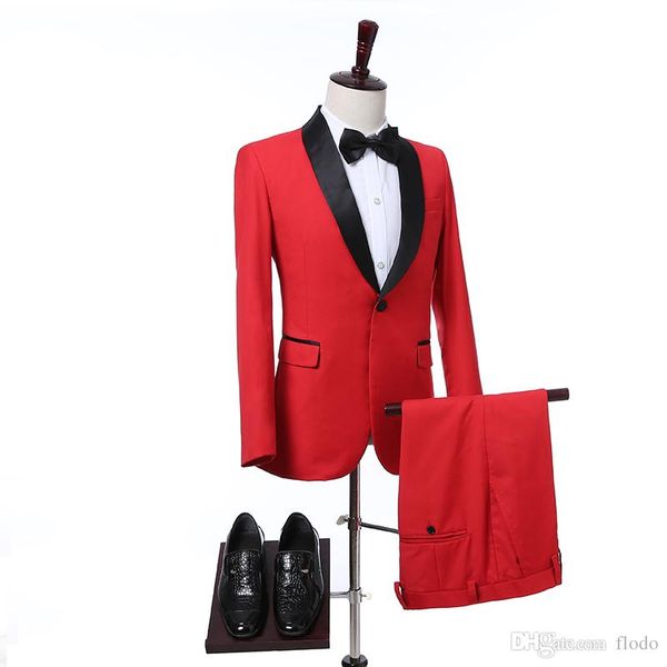 Smoking da sposa rosso a due pezzi per lo sposo 2017 Scialle nero con risvolto One Button Slim Fit Groomsmen Abiti da uomo (giacca + pantaloni + cravatta)