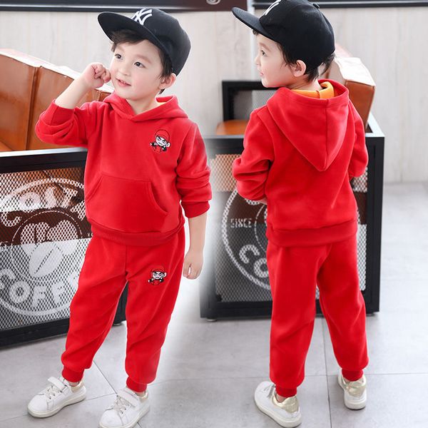 

new autumn winter long sleeve children's hooded warm velvet clothing suit boy's fashion clothing sets toddler sports sets, White