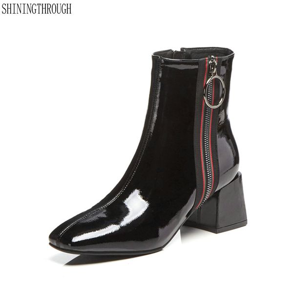 

fashion women ankle boots genuine leather autumn winter warm high heels shoes woman square toe zipper brand basic boots, Black