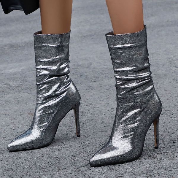 

doratasia 2020 fashion big size 48 thin high heels mid calf boots woman shoes slip on pointed toe shoes women boots female, Black