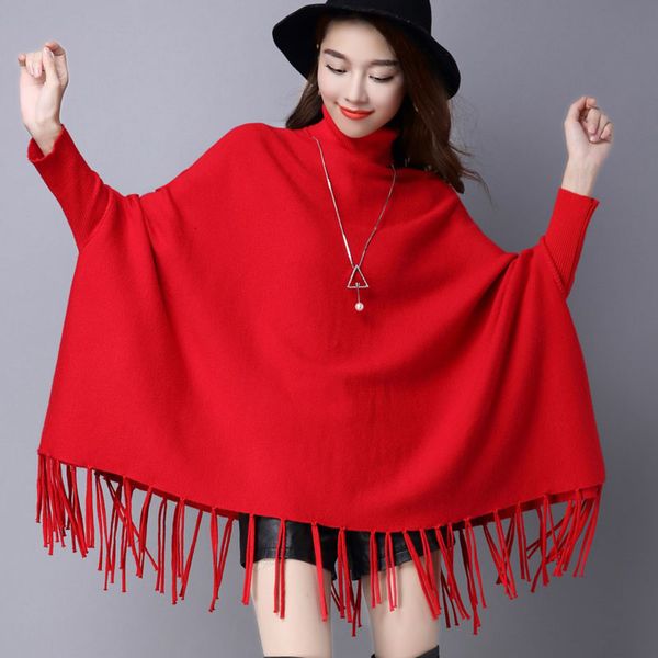 

2019 autumn winter female casual pullover women tassel cape knitted loose cloak boho poncho capes shawl sweater solid coat a70, Black
