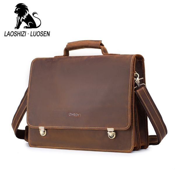

laoshizi luosen genuine leather briefcase for men 13inch lapbag shoulder bag cowhide handbag anti-theft buckle lock 91211