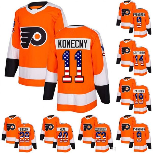 

philadelphia flyers leafs usa flag jersey 14 sean couturier 11 travis konecny 8 robert hagg 28 claude giroux 93 jakub voracek hockey jerseys, Black;red