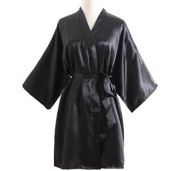 

black brides wedding short robe dress women's satin nightgown solid color kimono bath gown sleepwear, Black;red