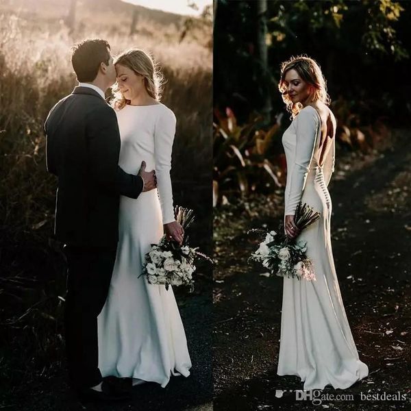 

country style mermaid wedding dresses long sleeve backless button covered beach bridal gowns elegant wedding reception gowns for women, White