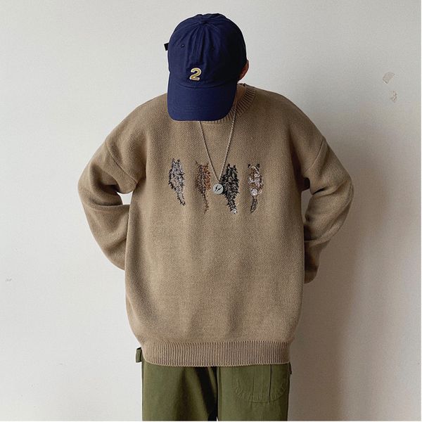 

winter new sweater men fashion embroidery casual solid color o-neck knit pullover man streetwear loose warm sweater male clothes, White;black