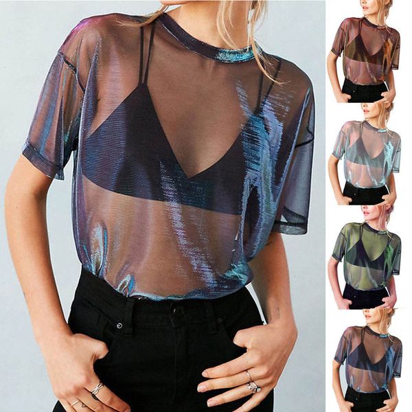 

женская дизайнер футболки женщины top summer b ling прозрачный sheer с коротким рукавом mesh top party повседневная мода тенниска женщины s, White