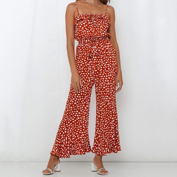 

summer womens red ruffle jumpsuits polka dot spaghetti strap female rompers casual ladies wide leg pannts, Black;white