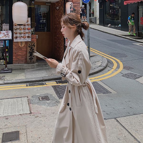 

stylish fabric casual coat women waistband loose streetwear overcoat lapel collar double breasted cute feminine clothes, Tan;black