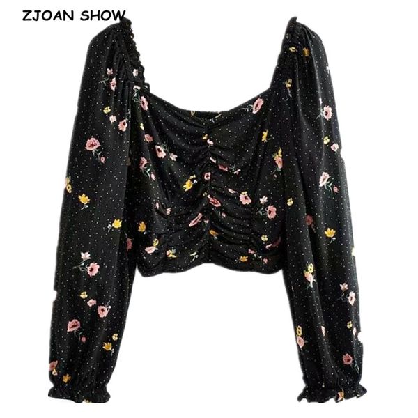 

2020 retro black flower dot print square neck shirt women back elastic ruched short pullover blouse long sleeve, White