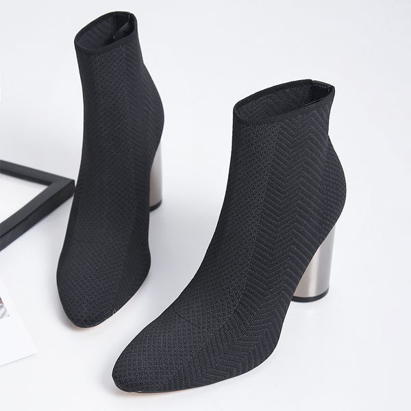 

autumn women ankle boots stretch knitting pointed toe metal round heel female slip on fashion pumps elegant ladies comfort shoes, Black