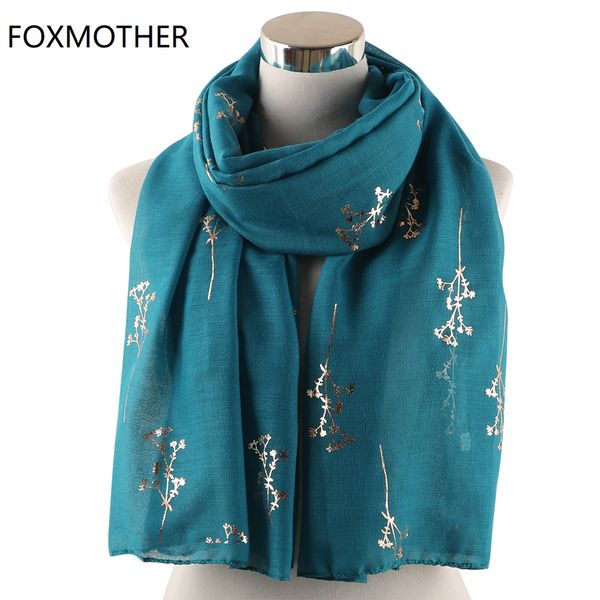 

foxmother new teal pink yellow floral tree branches foil gold scarf shawl wraps foulard hijab glitter scarves ladies women, Blue;gray