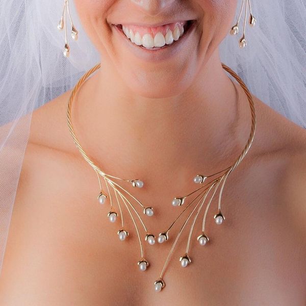 

manilai handmade copper weave torques necklaces women imitation pearl statement choker necklaces charm wedding party jewelry, Silver