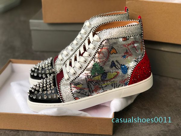 

r sneakers red bottom shoe high cut suede spike luxury shoes for men and women shoes party wedding crystal leather sneakers c11, Black