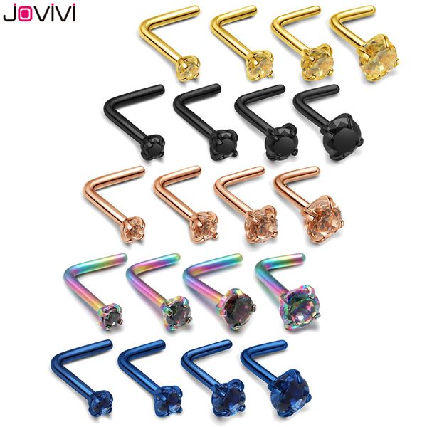 

jovivi 4pcs 316l stainless steel 1.5-3mm zircon nose ring 20g nose ring studs bone nostril pin l shape bar piercing jewelry, Slivery;golden