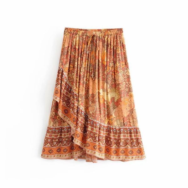 

2019 женщин с цветочным принтом неправильные оборками пляжная юбка лето повседневная эластичная талия на шнуровке женские midi beach юбки c8, Black