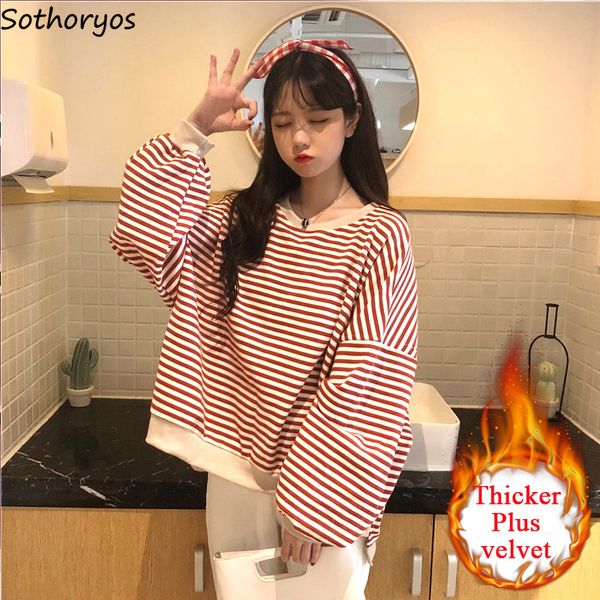 

hoodies women o-neck thicker plus velvet striped simple all-match leisure pullovers womens kawaii loose oversize sweatshirts, Black