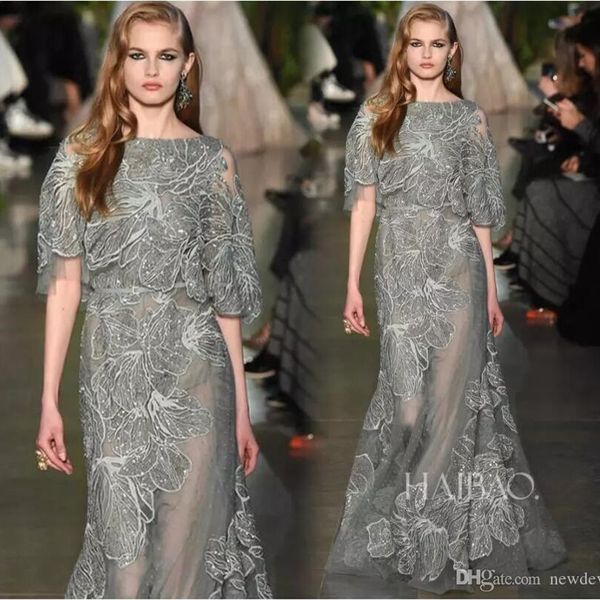 Vestido Elie Saab 2020 Vestidos Grey longo azul Lace lindo Prom Vestidos A Linha Bateau Neck Metade mangas compridas celebridade partido