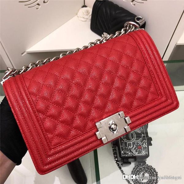 

2019 boy chain shoulder tote cavier skin leather red a67086 purse size:25*15*10cm