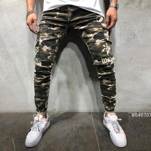 

jeans for men long pencil pants fashion slim camouflage printed stitching striped jeans feet pants s-3xl men clothing, Blue