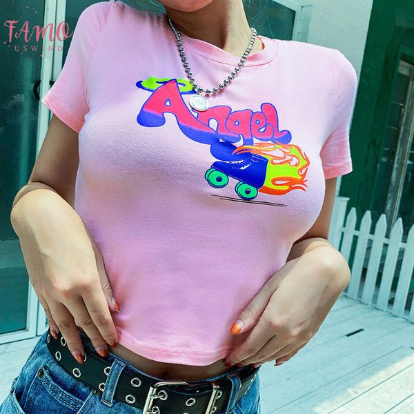 

angel letter print pink crop summer women new 2019 short sleeve o neck skinny t shirt fashion female streetwear, White
