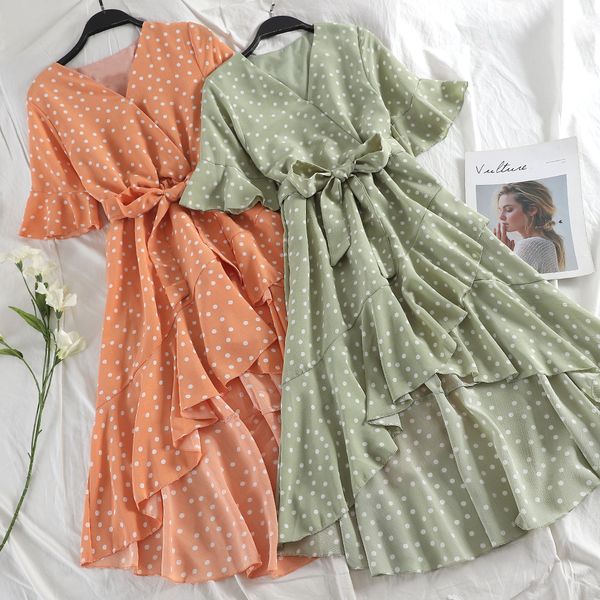 

singrain women irregular polka dot ruffle dress summer boho vintage party print dress elegant beach long korean chiffon dress, Black;gray