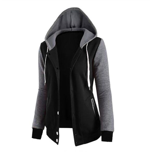 

2017 european and american-style panel hooded with pockets long sleeves snap fastener jacket women's hoodie, Black