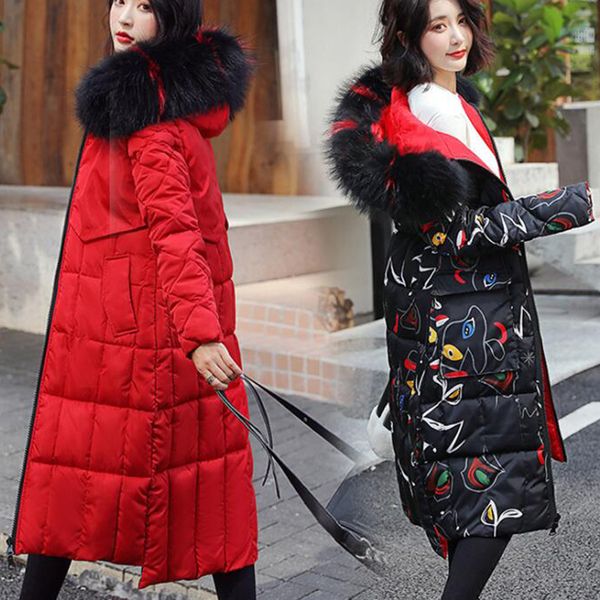 

winter wadded jacket on both sides wearing mid long slim jacket warm with fur collar hooded coat large size cotton s597, Black