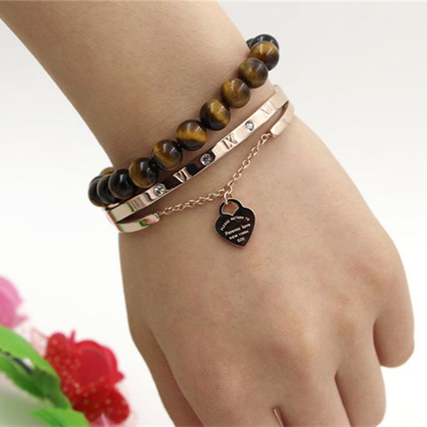 

women jewelry love heart bracelets tag stainless steel roman numerals zircon bangles & bracelets for women accessories k0018, Black