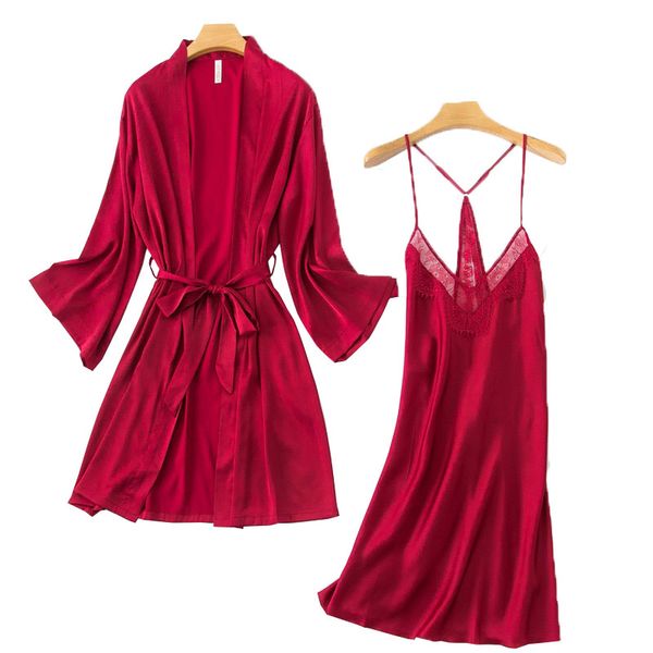

2020 spring new ladies lace nightgown cardigan+dress 2pcs women sleepwear soft silk satin femme robes comfort homewear, Black;red