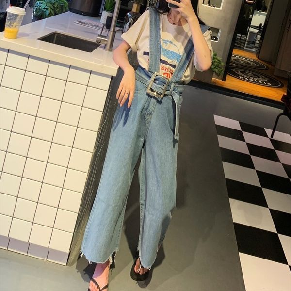 

women's jeans vintage high waist belt wide leg pants loose flannels one-piece straight bobbin, Blue