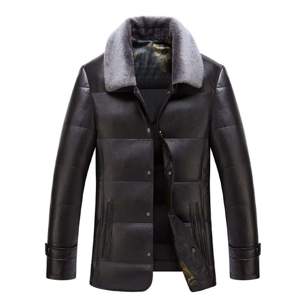 

2017 new -30 winter pu leather business casual leather down jacket warm fur collar zipper m-3xl plus size, Black