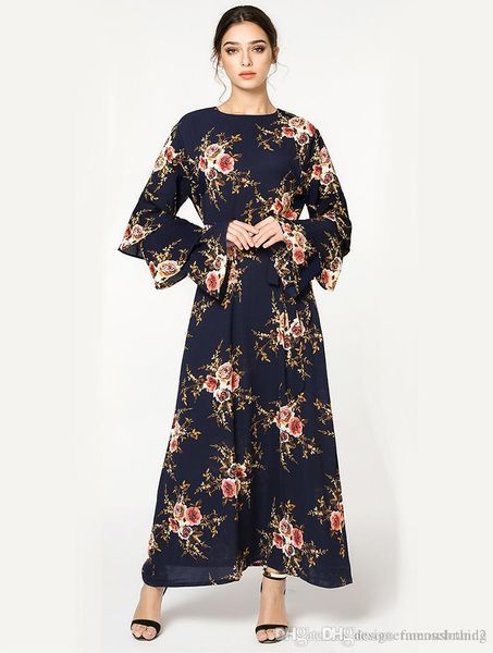 

muslim malaysia floral long dresses spring summer women flare long sleeves casual fashion dress, Black;gray