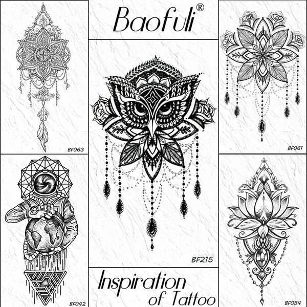 Acheter Baofuli Noir Henné Hibou Géométrique Mandala Fleur Tatouage Temporaire Autocollant Body Art Bras Faux Tatouages Femmes Hommes étanche Tatoo