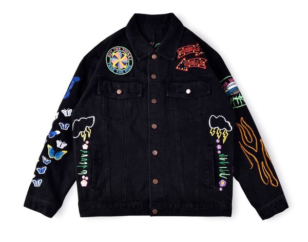 

мужские дизайнерские куртки трэвис скотт astrowrld джинсовая куртка промытая вышивка ретро мода high street мотоцикл high street повседневна, Black;brown